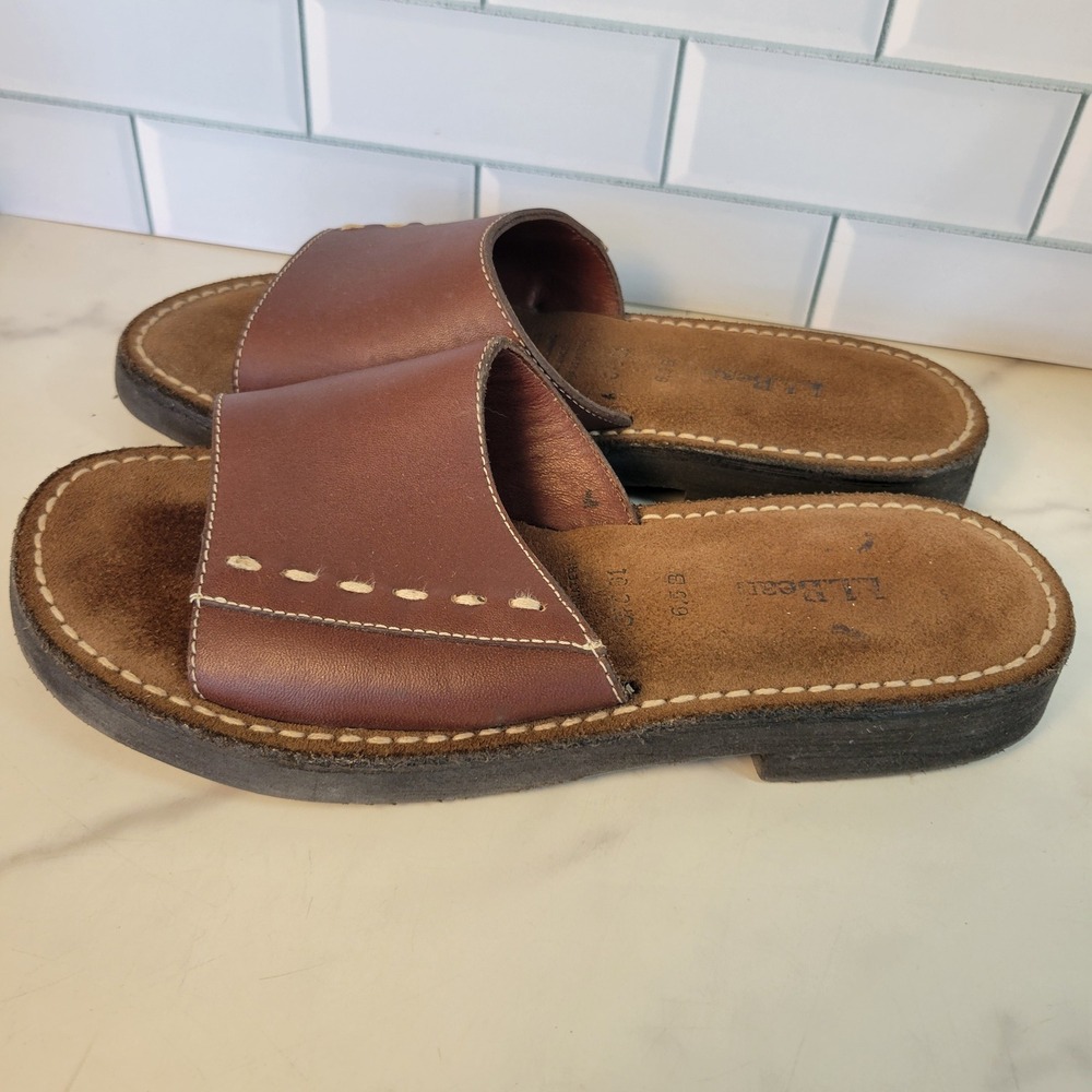 LL Bean Brown Leather Slide Sandals Whipstitch Detail 6.5 B Suede Insole